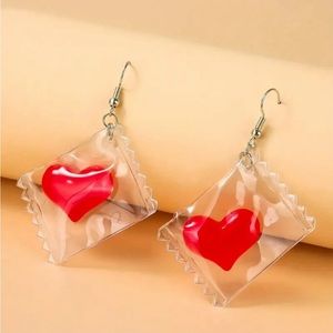 Valentines Dangle Earrings Heart Shape Candy Pendant Design Plastic Earrings